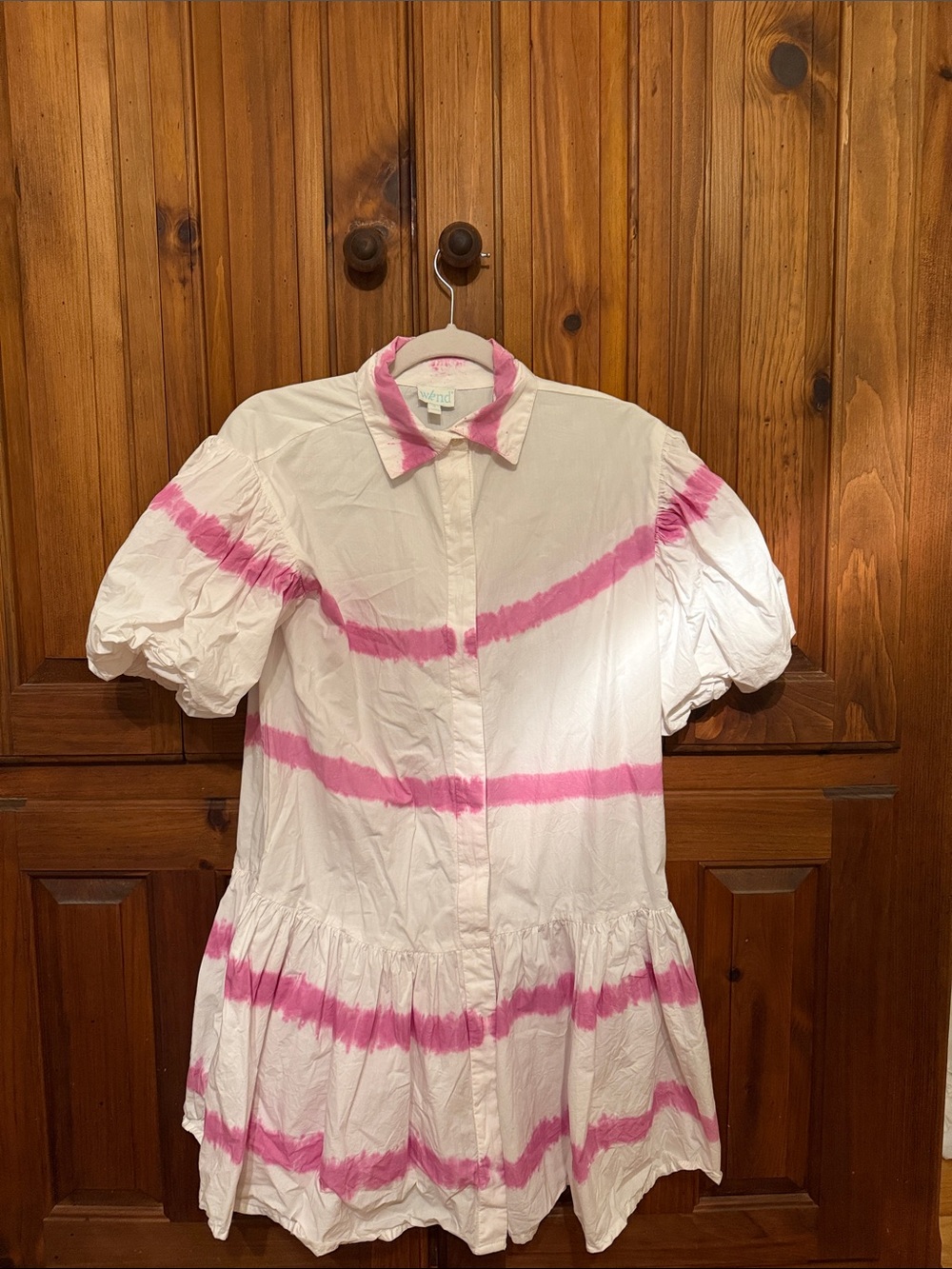 Tie-Dye Pink & White Puff-Sleeve Mini Shirt Dress